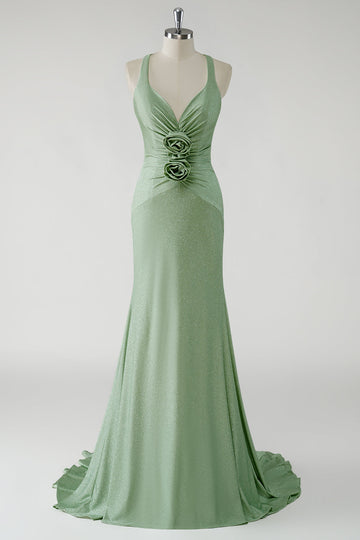 Sparkly Green Sheath Long Prom Dress with 3D Flowers